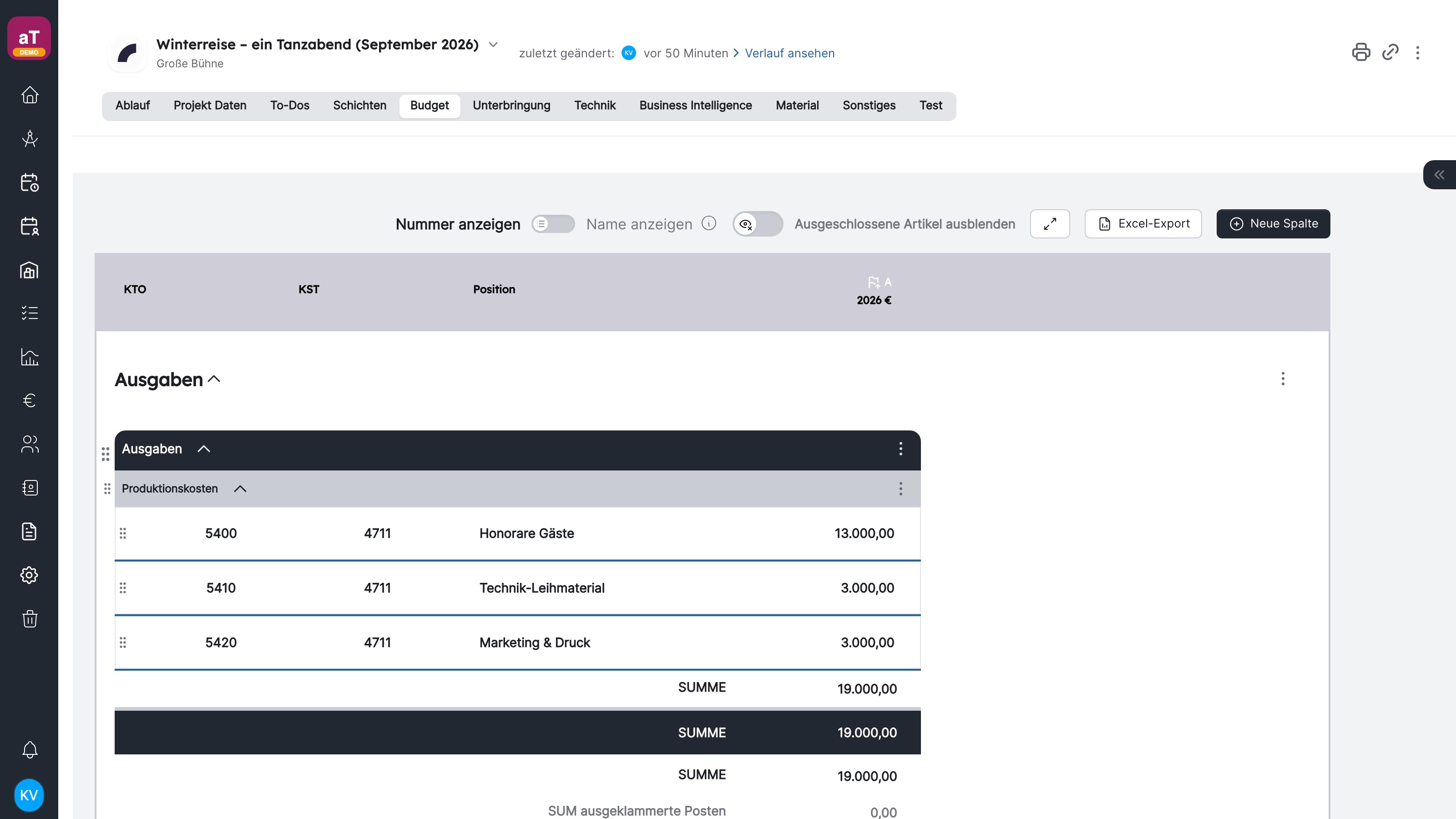 Project budget in artwork with accounts, cost centres, positions and yearly columns