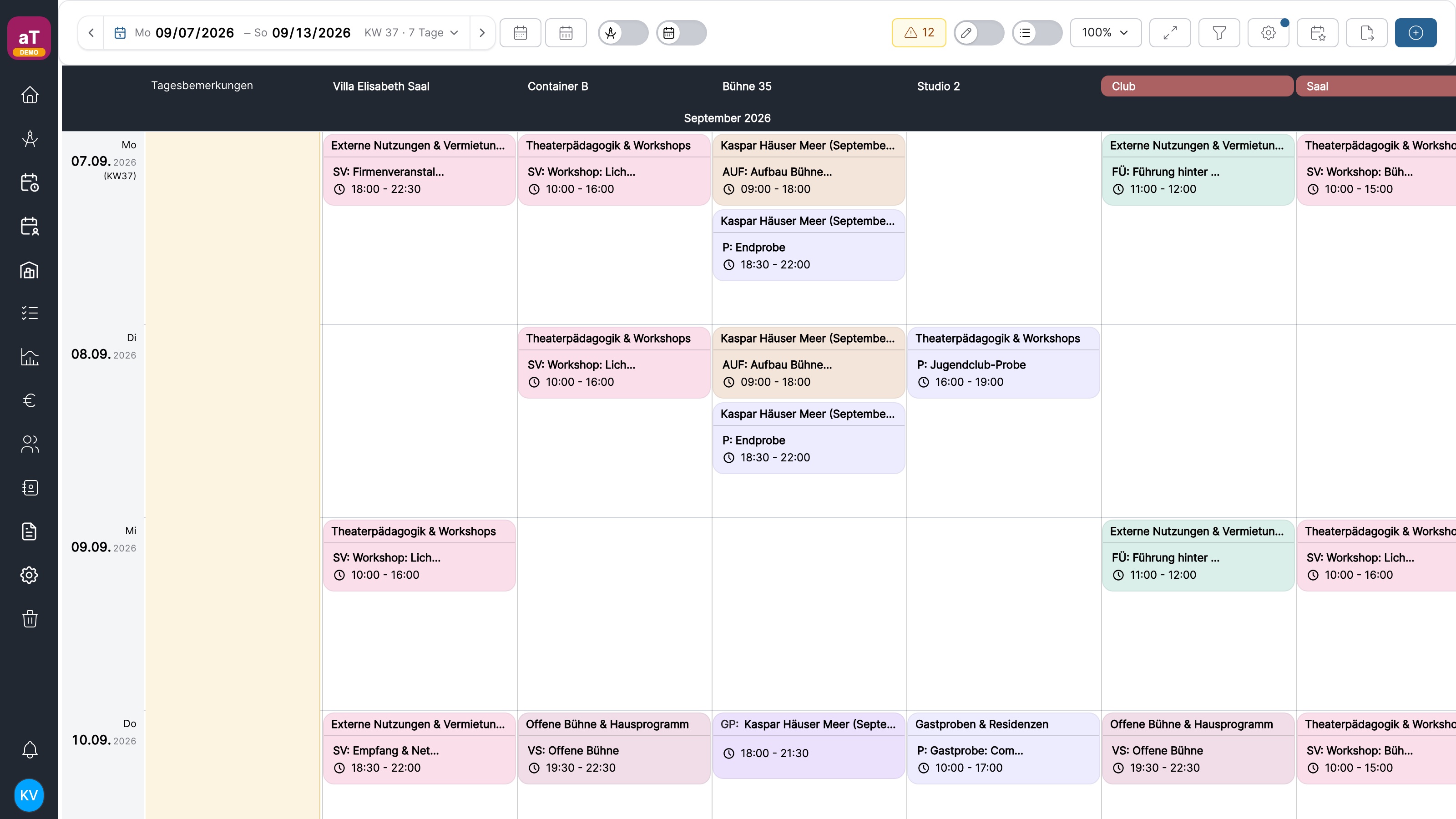 Space calendar in artwork with rooms as columns and events in a daily grid