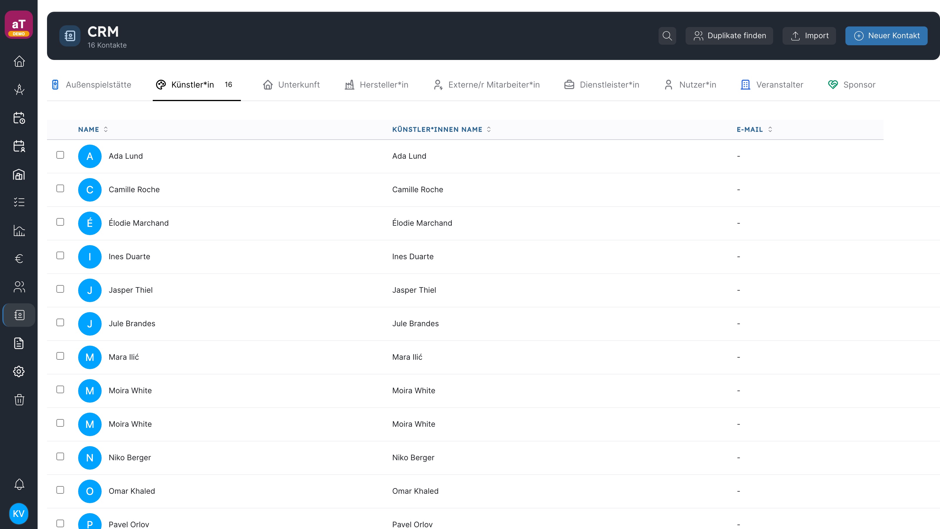 CRM in artwork with contact types, search and import controls