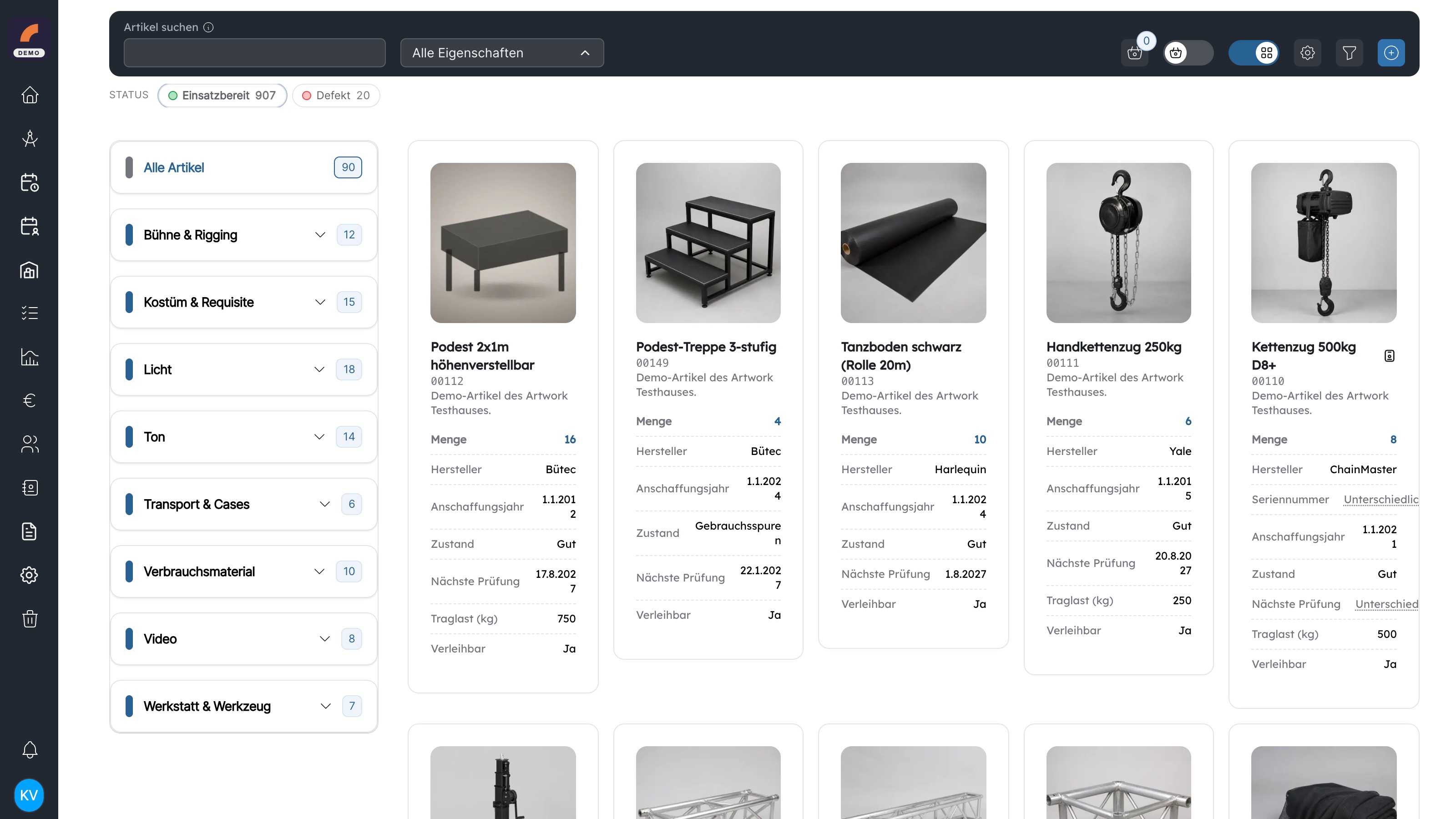 Inventory overview in artwork with categories, article images and properties in the tile view