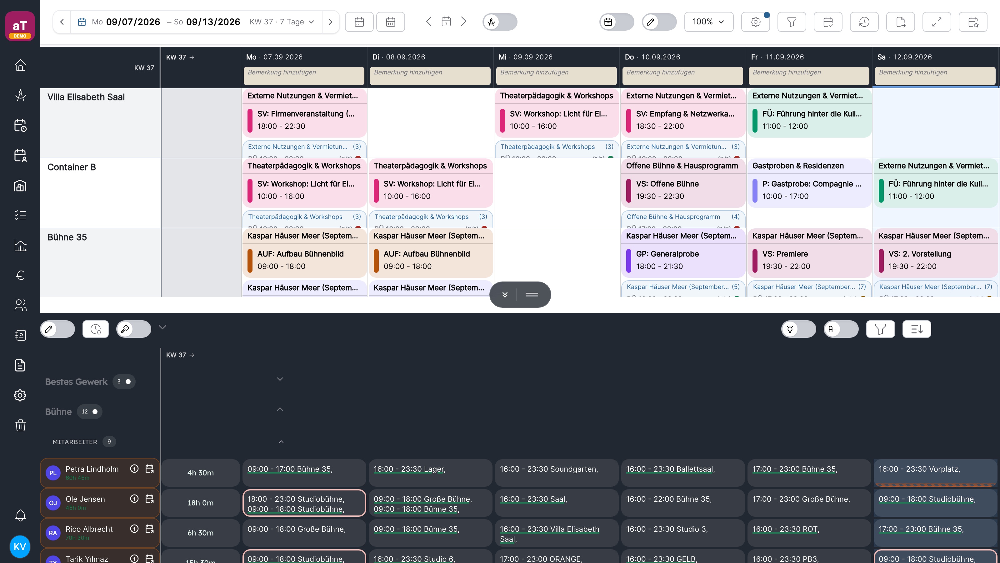 Shift plan in artwork with events, shifts and time accounts for all employees in a weekly overview